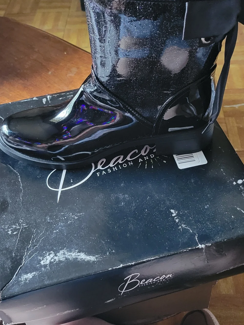 Beacon Black Glossy Rain Boots with Sparkle Shaft